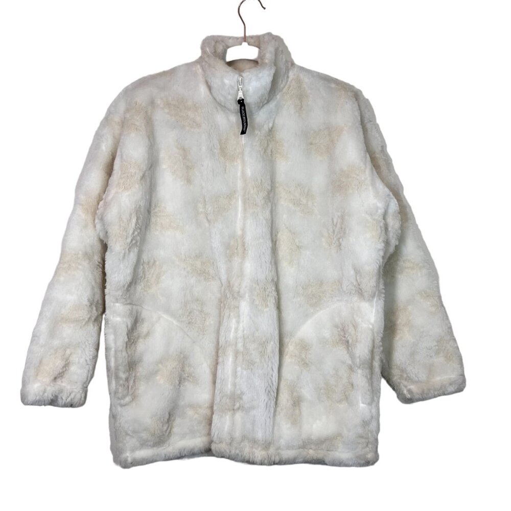 Fuzzy Sherpa Jacket Cream &‎ Beige Leaf Pattern Cozy Full Zip Warm Coat